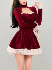 Y2K Velvet Mini Dress Women Lace Ruffles Patchwork Square Collar Autumn Spring Christmas Party A-line Princess Vestidos Mujer