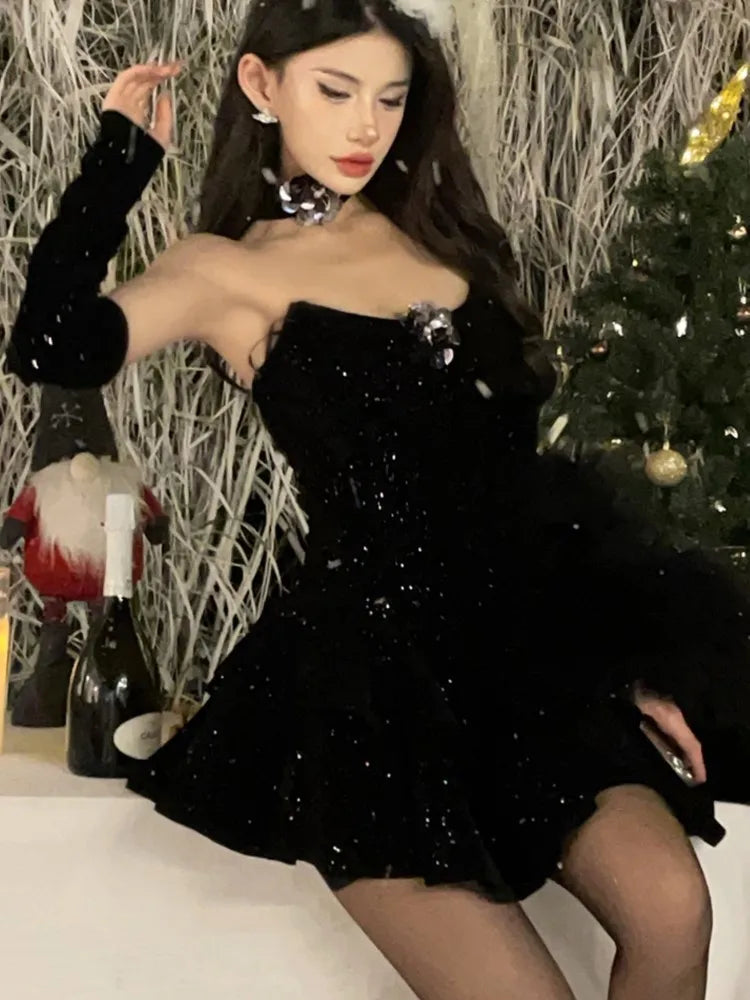 Y2K Velvet Mini Dress Women Strapless With Choker Sexy Bodycon Layered Ruffles A-Line Birthday Evening Party Prom Robe Vestidos