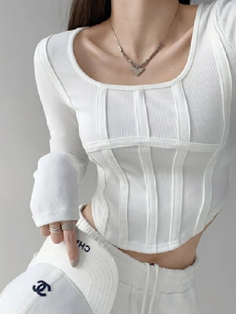 Y2k T-shirt Girls Crop Tops 2024 Spring Women Long Sleeve O Neck Cotton Shirts Bustier Harajuku Pullover Streetwear