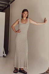 Yako Black and White Stripe Maxi Knit Dress