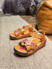 SOFFIA | Genuine Leather Yellow Ribbed-Sole Floral Embossed Flatform Sandals