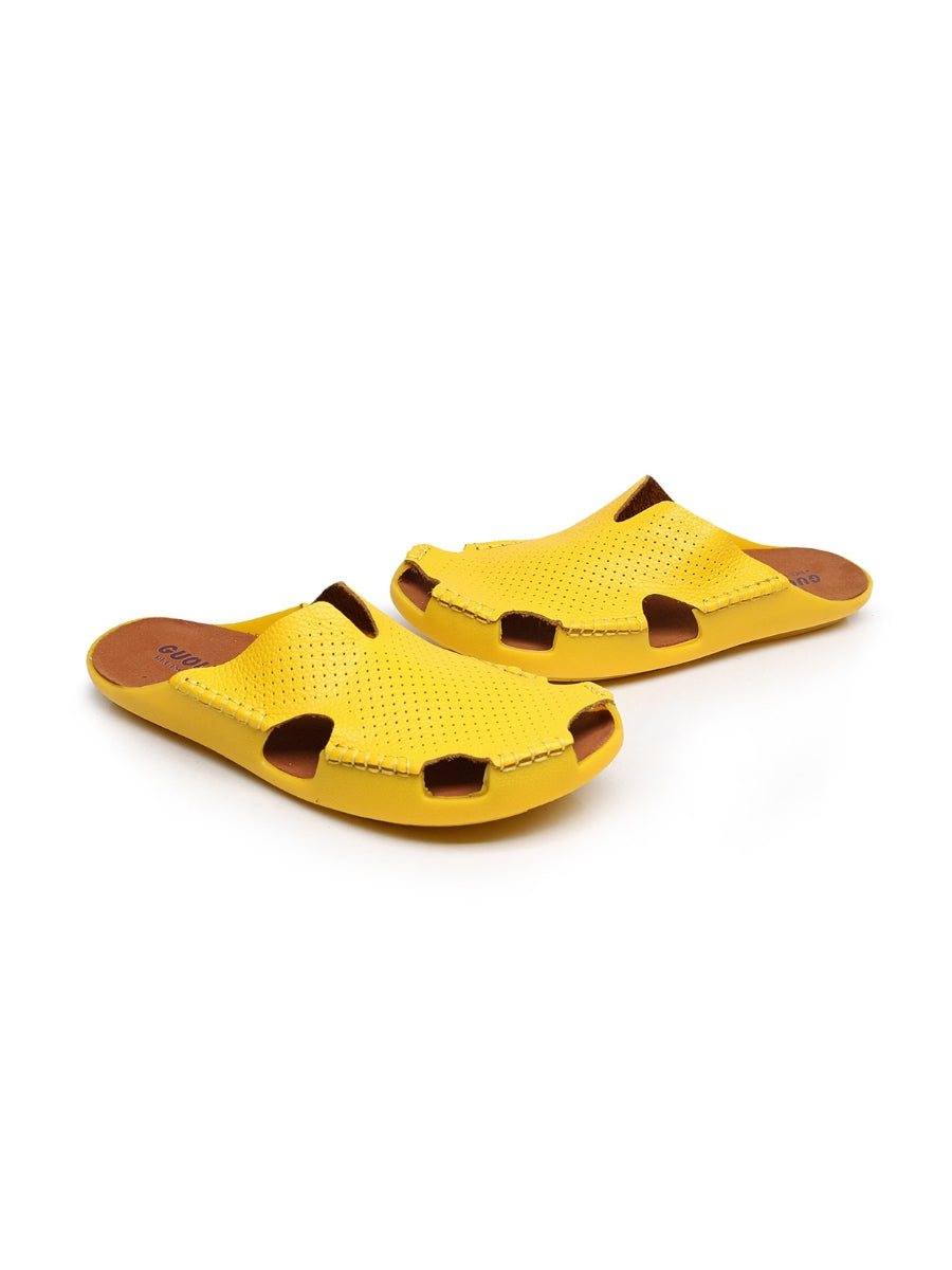 Maibulun | Perforated Cut-Out Genuine Leather Mule - Yellow