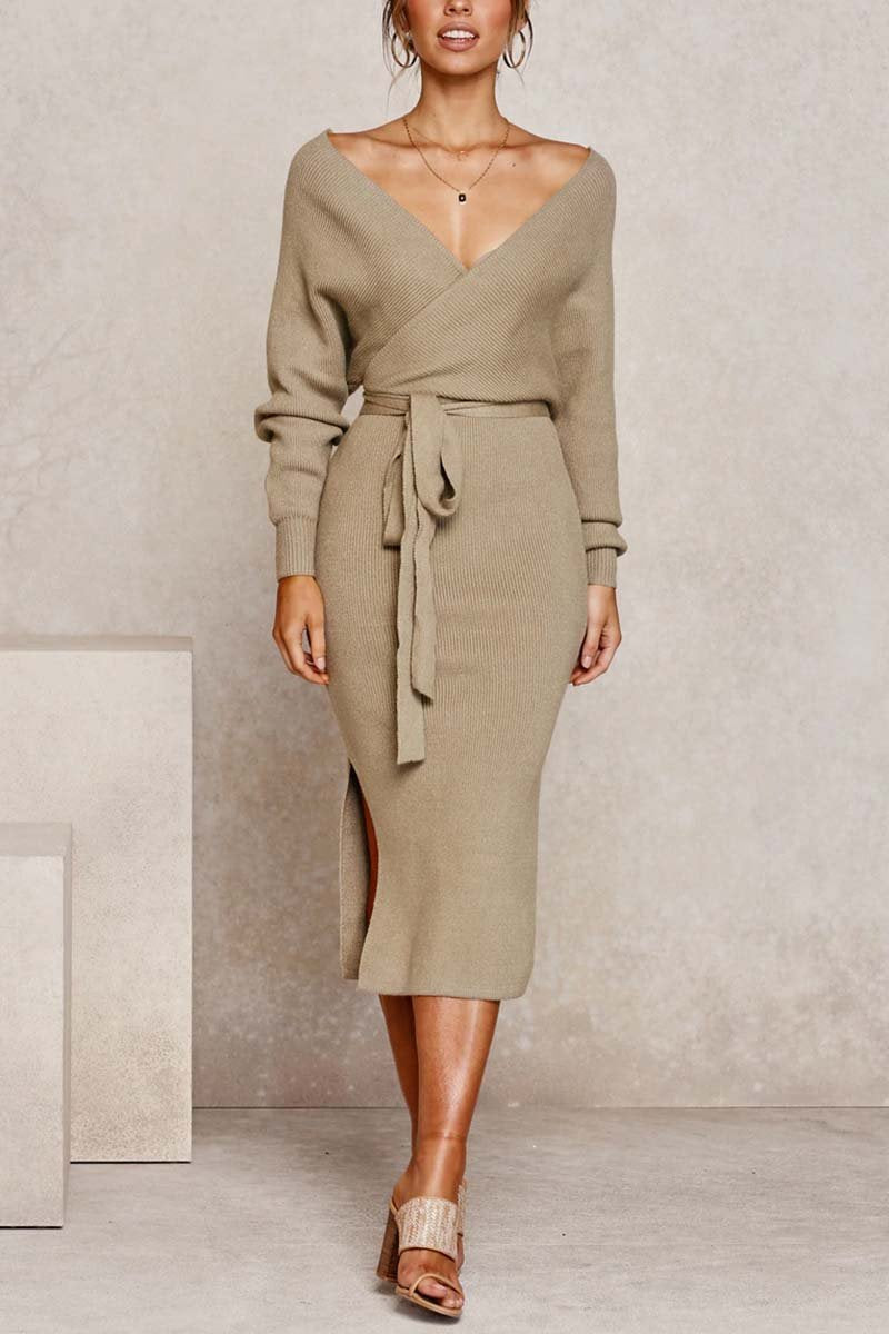 Chicindress V Neck Backless Sweater Midi Dress(5 Colors)