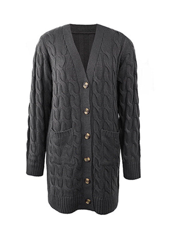 Urban Simple Loose Buttoned Solid Color Jacquard Cardigan Coat