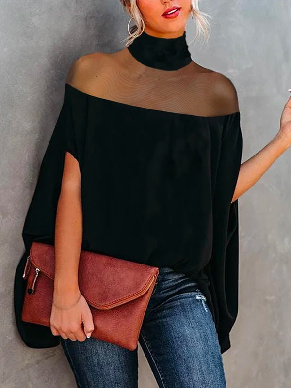 Batwing Sleeves See-Through High-Neck Blouses&Shirts Tops