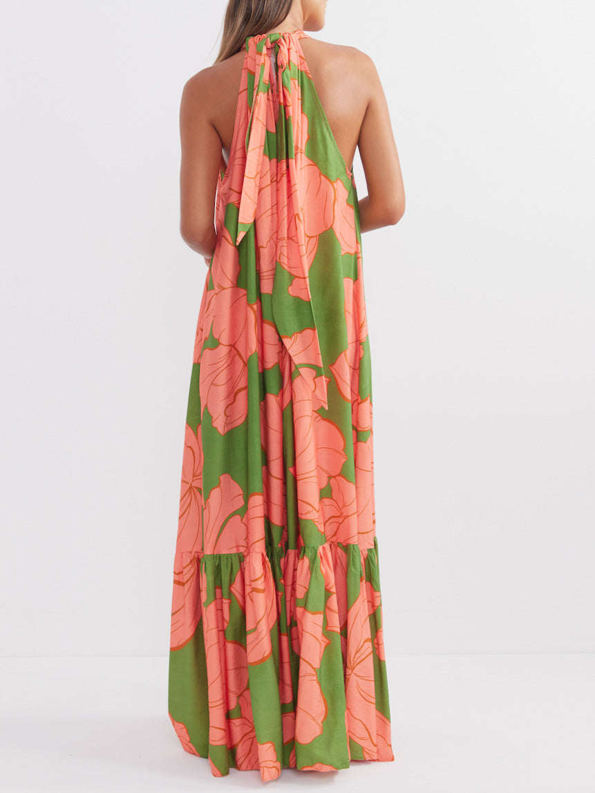 Halter Neck Floral Print Trapeze Layered Maxi Dress