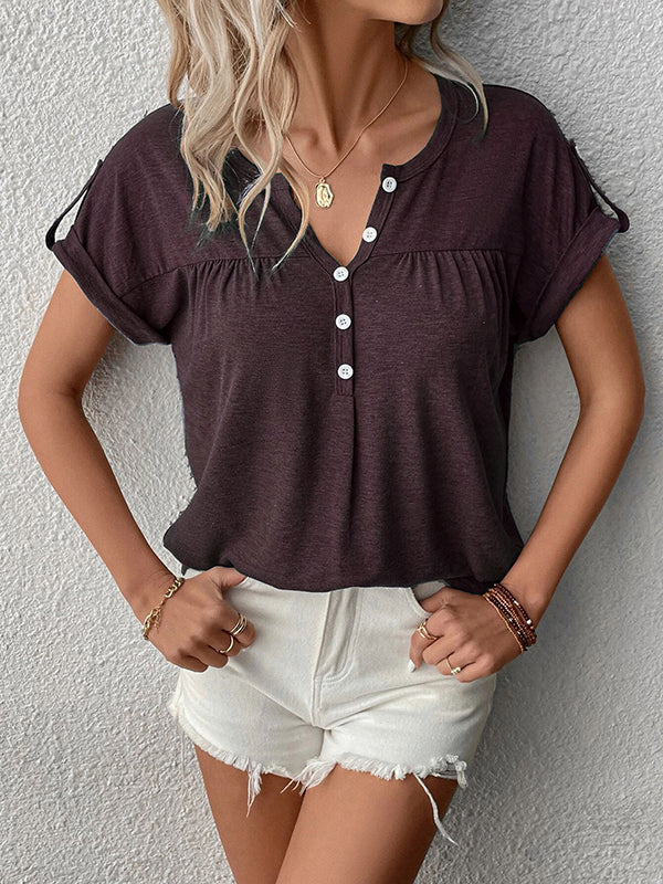 Batwing Sleeves Loose Buttoned Pleated Split-Joint V-Neck T-Shirts Tops