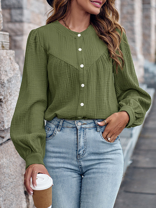 Long Sleeves Loose Buttoned Pleated Split-Joint Round-Neck Blouses&Shirts Tops