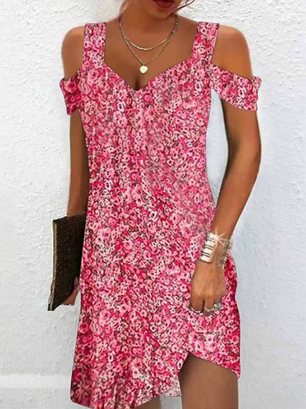 A-Line High Waisted Flower Print Hollow Cold Shoulder Mini Dresses