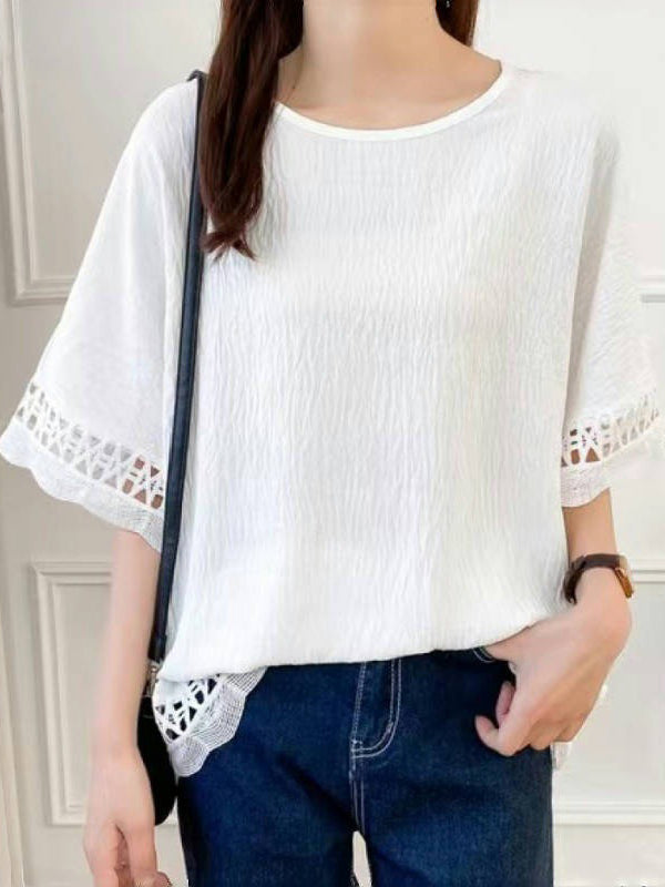 Flared Sleeves Half Sleeves Hollow Solid Color Round-Neck T-Shirts Tops