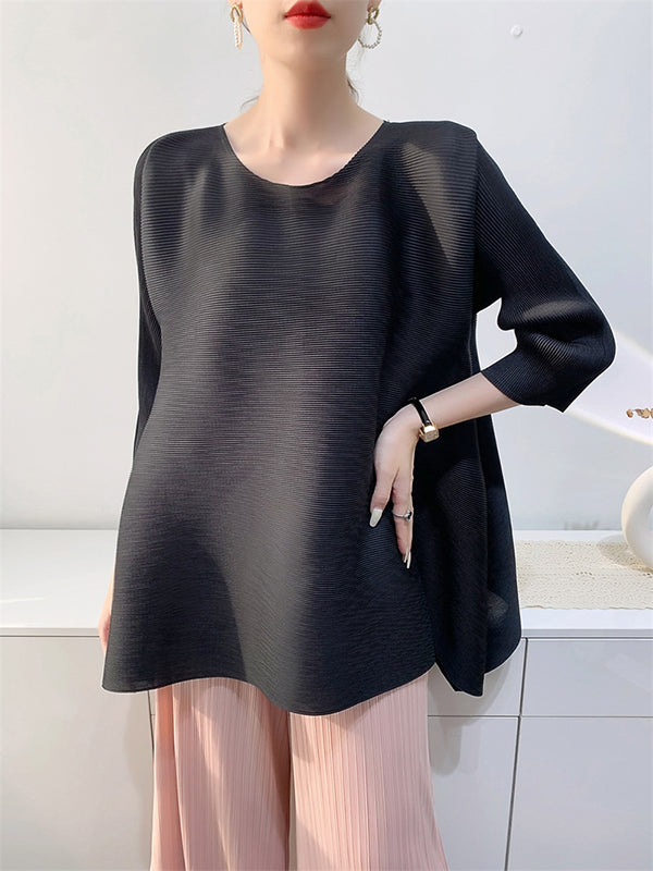 High-Low Loose Pleated Solid Color Split-Side Round-Neck T-Shirts Tops