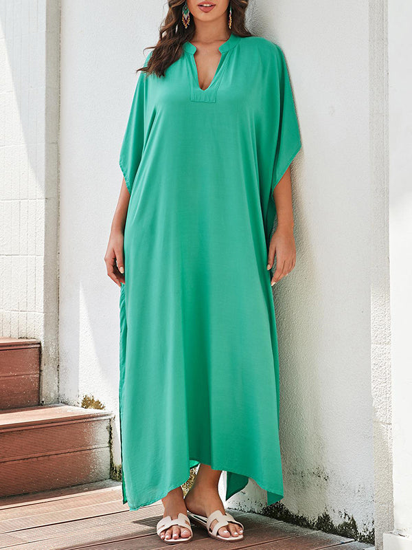 Batwing Sleeves Half Sleeves Solid Color Split-Side Sun Protection V-Neck Beach Cover-Up Maxi Dresses