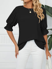 Loose Puff Sleeves Pleated Solid Color Round-Neck T-Shirts Tops