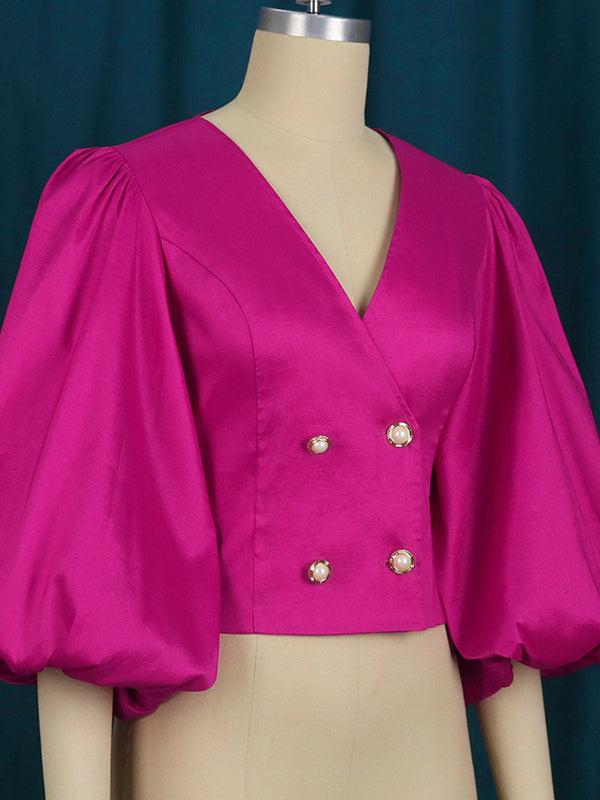 Stylish V-Neck Puff Sleeves Fuchsia Blouse