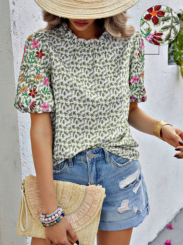 Loose Short Sleeves Elasticity Embroidered Flower Print Pleated Split-Joint Mock Neck T-Shirts Tops