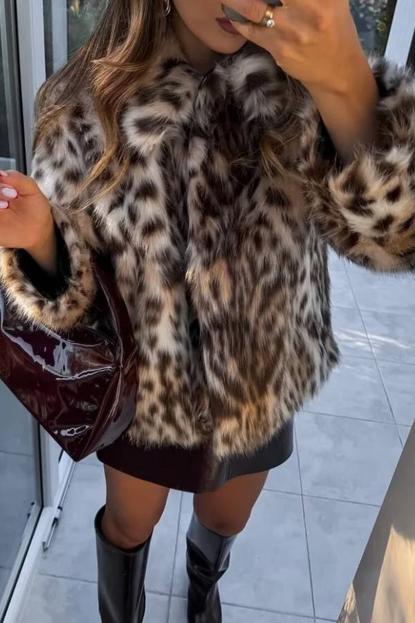 Leopard Print Faux Fur Turndown Collar Fuzzy Coat-Brown