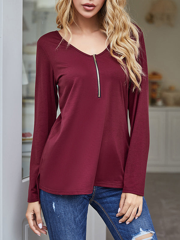 High-Low Long Sleeves Hollow Split-Side Zipper V-Neck T-Shirts Tops