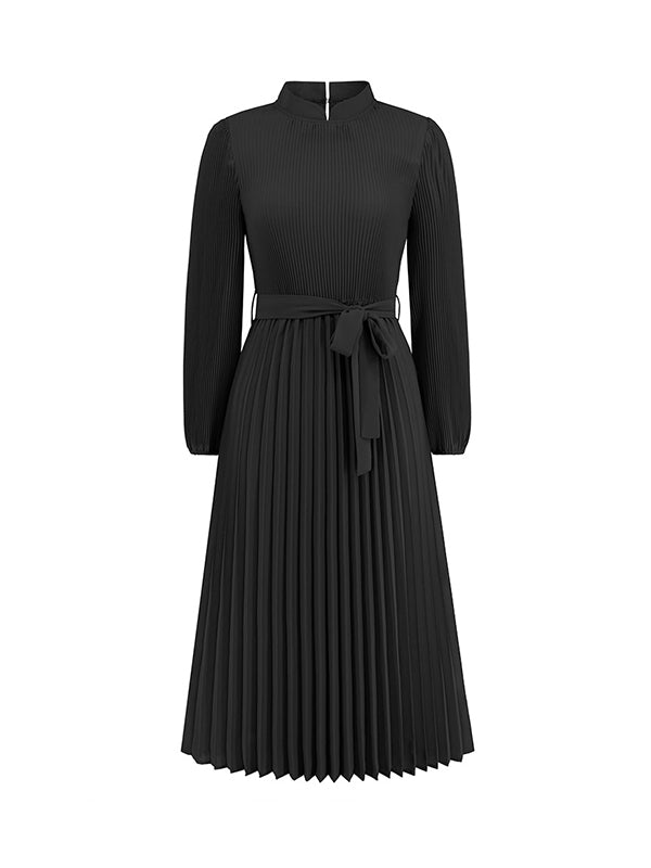 Bishop Sleeve High Waisted Hollow Pleated Solid Color Tied Waist Mock Neck Midi Dresses