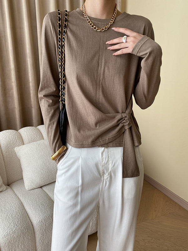 Long Sleeves Asymmetric Bowknot Solid Color Round-Neck T-Shirts Tops