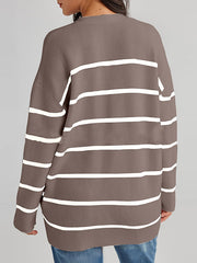 Long Sleeves Loose Split-Joint Striped V-Neck Cardigan Tops