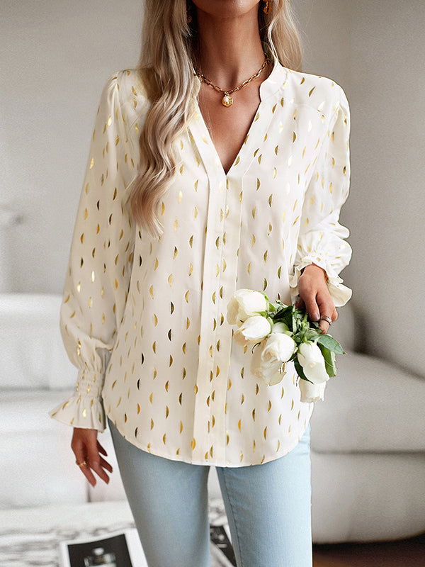 Flared Sleeves Long Sleeves Bronzing Elasticity Ruffle Trim V-Neck Blouses&Shirts Tops