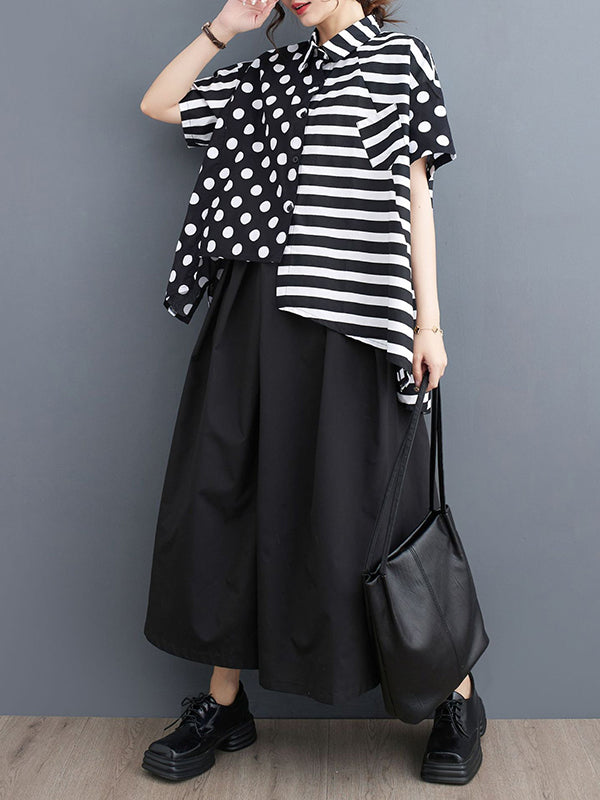 Loose Short Sleeves Polka-Dot Split-Joint Striped Lapel Shirts Tops