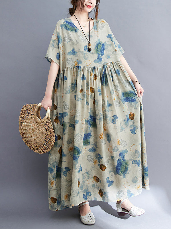 Artistic Retro Loose Floral Printed Pleated Vacation Midi Dress