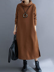 A-Line Long Sleeves Pockets Solid Color Split-Side Velvet High Neck Midi Dresses