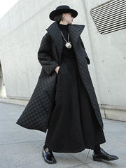 Black Rhombic Split-Side High Collar Long Coat