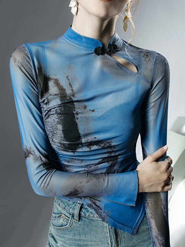 Long Sleeves Plus Size Asymmetric Hollow Mesh See-Through Wash Painting Mock Neck T-Shirts Tops