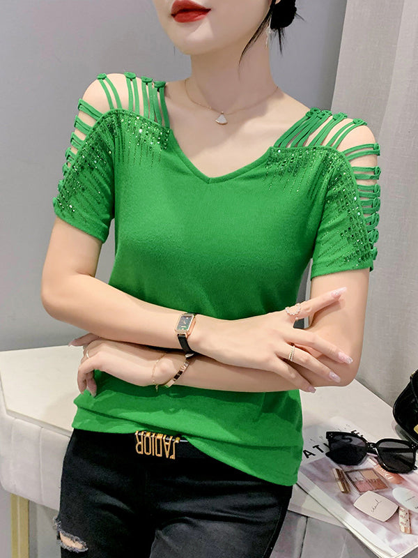 Loose Raglan Sleeve Hollow Rhine Stones Solid Color Split-Joint V-Neck T-Shirts Tops