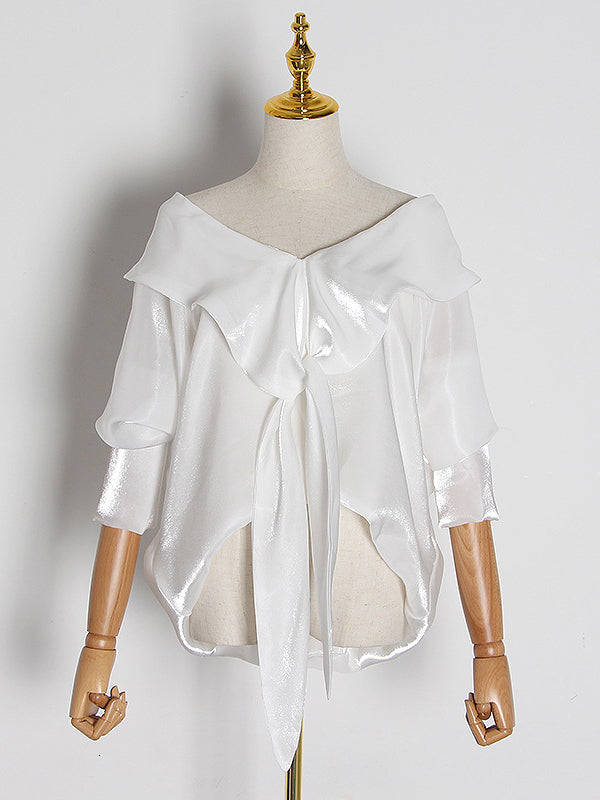 High-Low Bishop Sleeve Falbala V-Neck Blouses&Shirts Tops