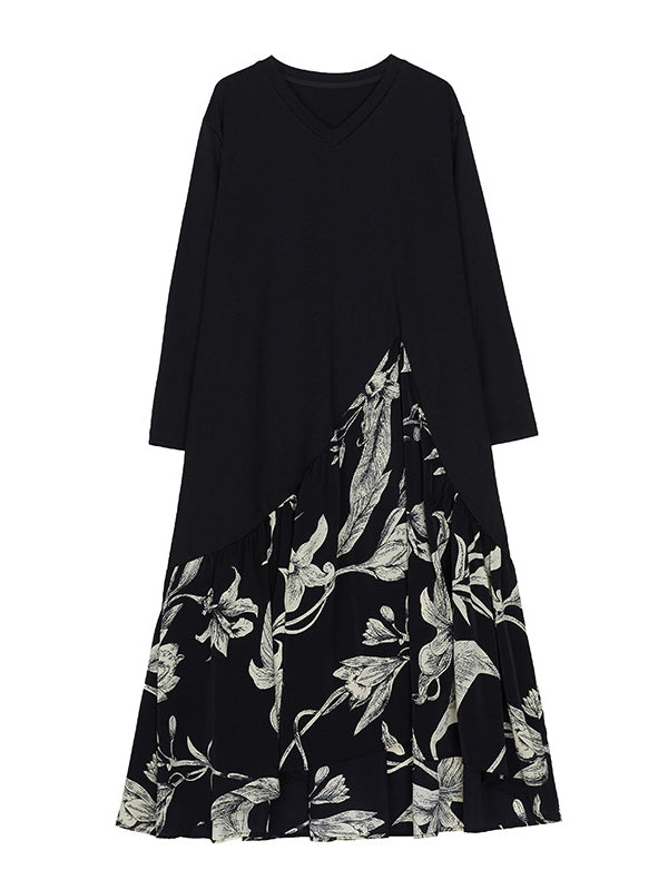 A-Line High-Low Asymmetric Flower Print Split-Joint V-Neck Midi Dresses