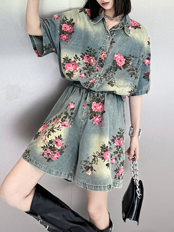 High-Low Loose Floral Printed Split-Joint Lapel Blouses&Shirts Tops