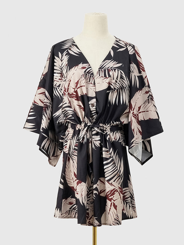 A-Line Half Sleeves Buttoned Drawstring Leaves Print V-Neck Mini Dresses