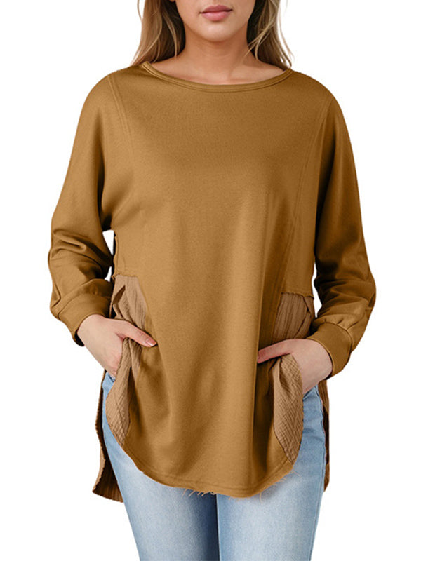 High-Low Long Sleeves Fringed Split-Joint Split-Side Round-Neck Sweatshirt Tops