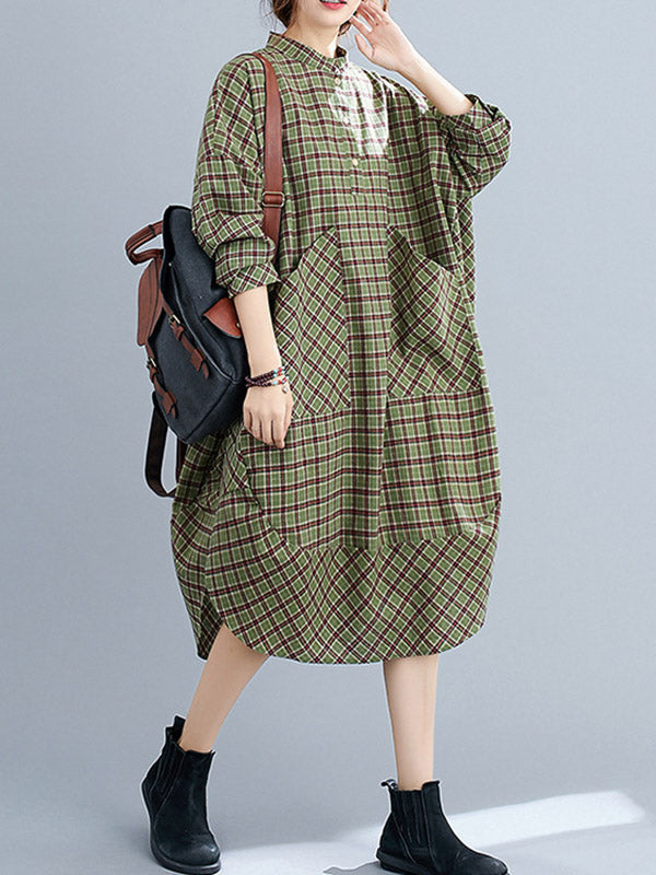 Vintage Plaid Irregularity Shirt Dresses