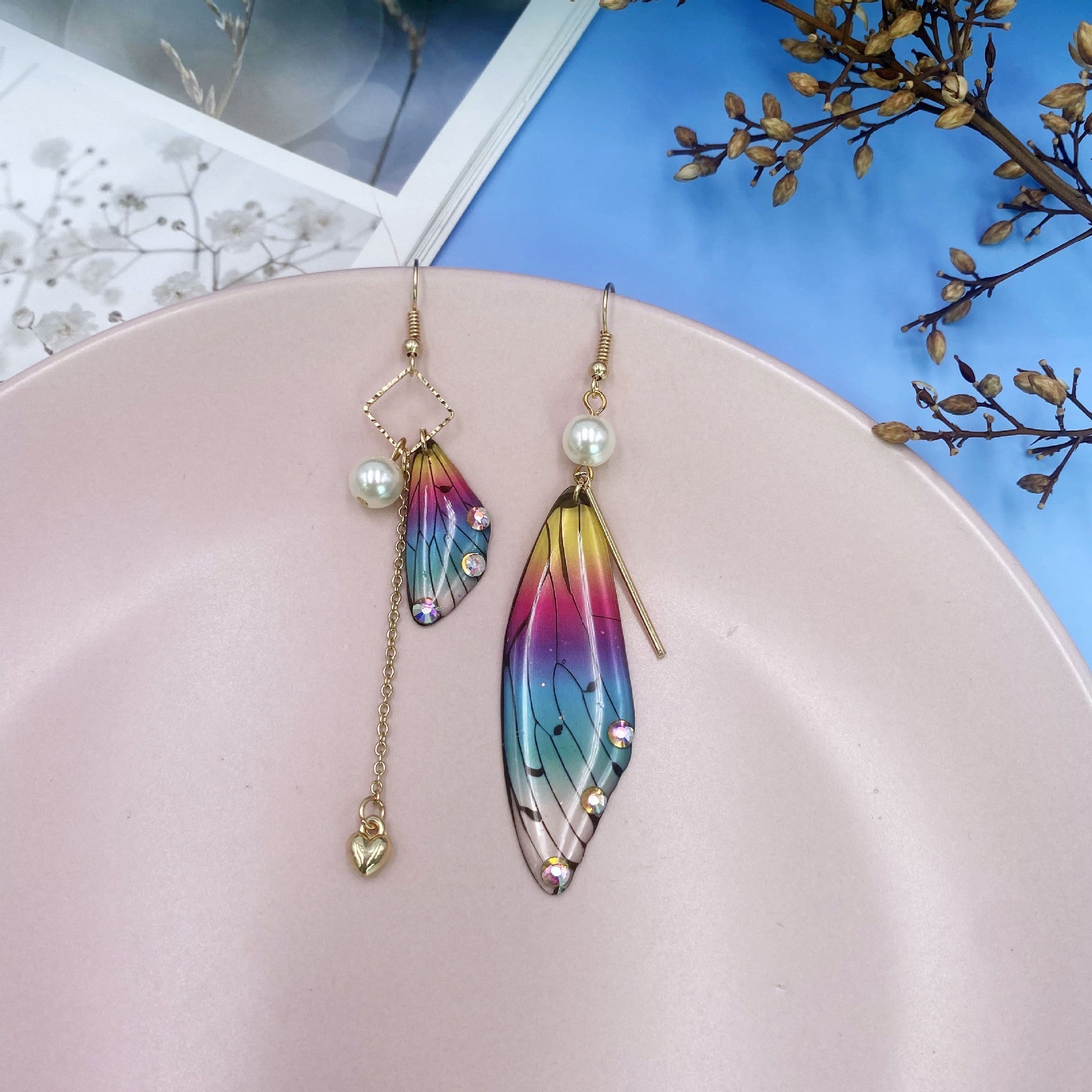 Butterfly Wing Rainbow Gold Foil Cicada Wing Tassel Earrings