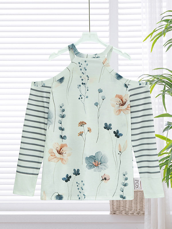 Long Sleeves Loose Flower Print Hollow Split-Joint Striped Cold Shoulder T-Shirts Tops