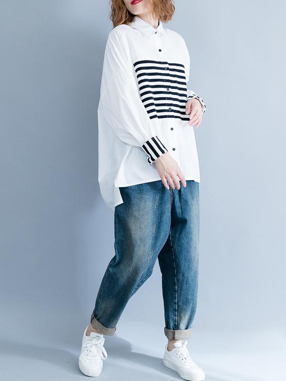 Stripe Split-joint White Shirt