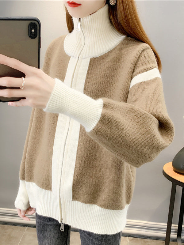 Casual Long Sleeves Contrast Color Zipper Stand Collar Cardigan Tops