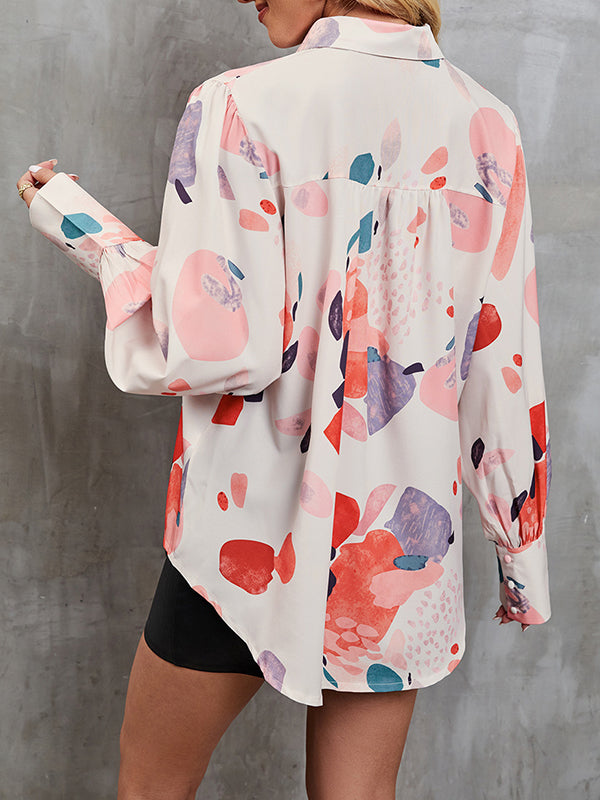 Long Sleeves Loose Buttoned Printed Split-Joint Lapel Blouses&Shirts Tops