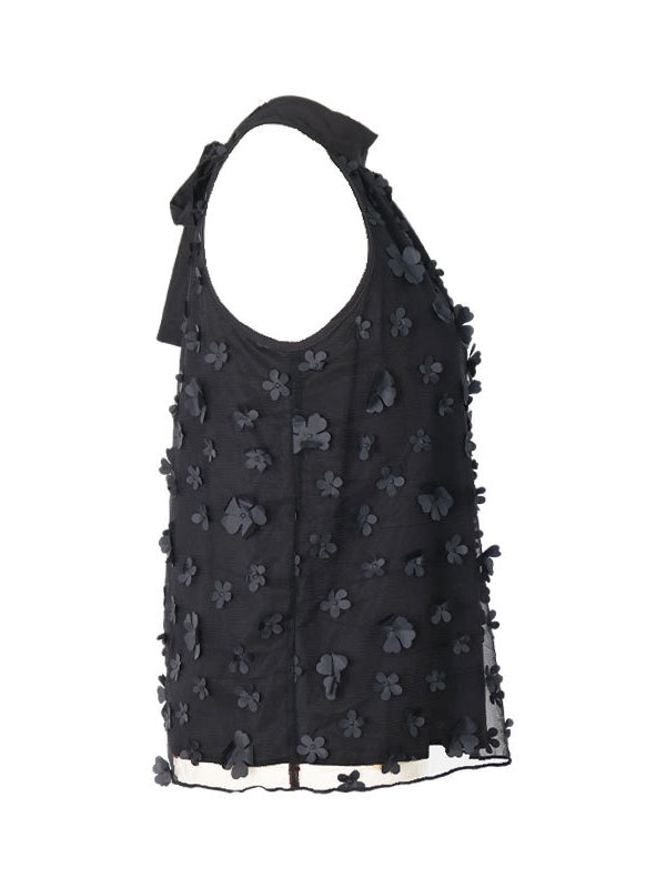 Loose Sleeveless Applique Gauze Lace-Up Solid Color Split-Joint Halter-Neck Blouses&Shirts Tops Vest Top