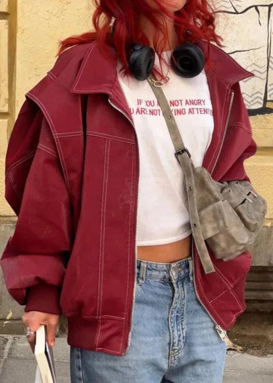 Oversized Wine Red Zipper Jacket