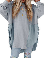 High-Low Long Sleeves Fringed Split-Joint Split-Side Round-Neck Sweatshirt Tops