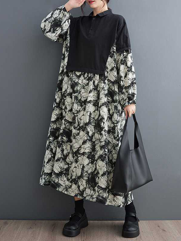 Long Sleeves Loose Buttoned Printed Split-Joint Lapel Midi Dresses