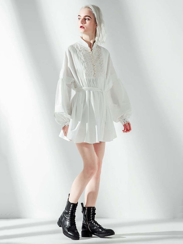 Vacation Long Sleeves Puff Sleeves Embroidered Solid Color Stand Collar Mini Dresses