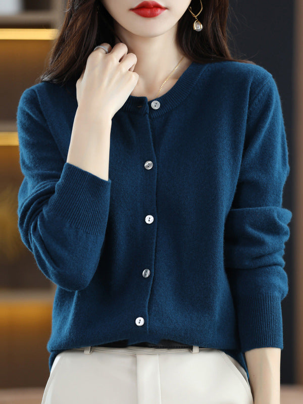 Long Sleeves Buttoned Elasticity Round-Neck Cardigan Tops Knitwear