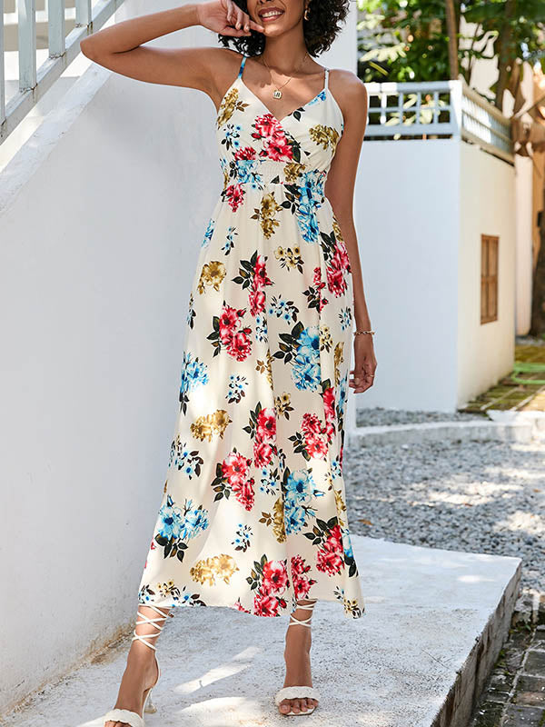 High Waisted Sleeveless Elasticity Flower Print Spaghetti-Neck Midi Dresses