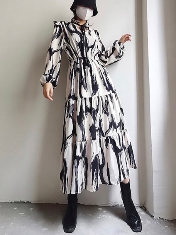 Long Sleeves Loose Elasticity Hollow Printed Split-Joint Tied Mock Neck Midi Dresses